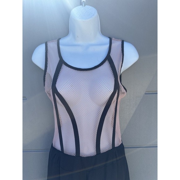 Rehab Sz M Pink & Gray sleeveless Mesh Top Chiffon wide leg Jumpsuit Sexy Club - Picture 3 of 10